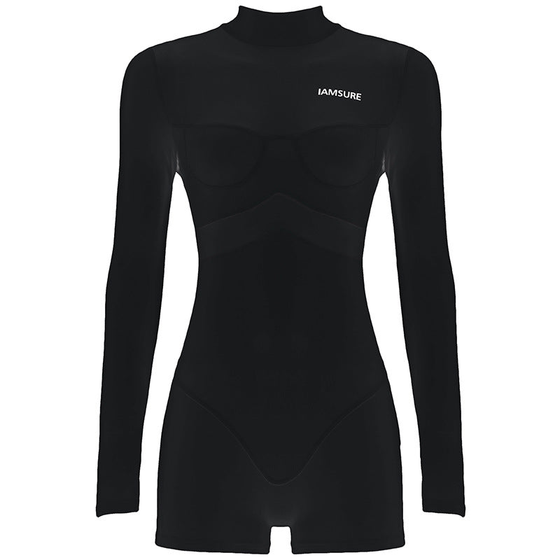 Street Sexy Casual Mesh Stitching One Piece Short Half Turtleneck Sexy Tight Long Sleeve Narrow Jumpsuit Women