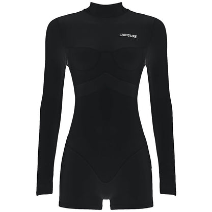 Street Sexy Casual Mesh Stitching One Piece Short Half Turtleneck Sexy Tight Long Sleeve Narrow Jumpsuit Women