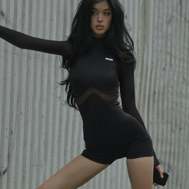 Street Sexy Casual Mesh Stitching One Piece Short Half Turtleneck Sexy Tight Long Sleeve Narrow Jumpsuit Women