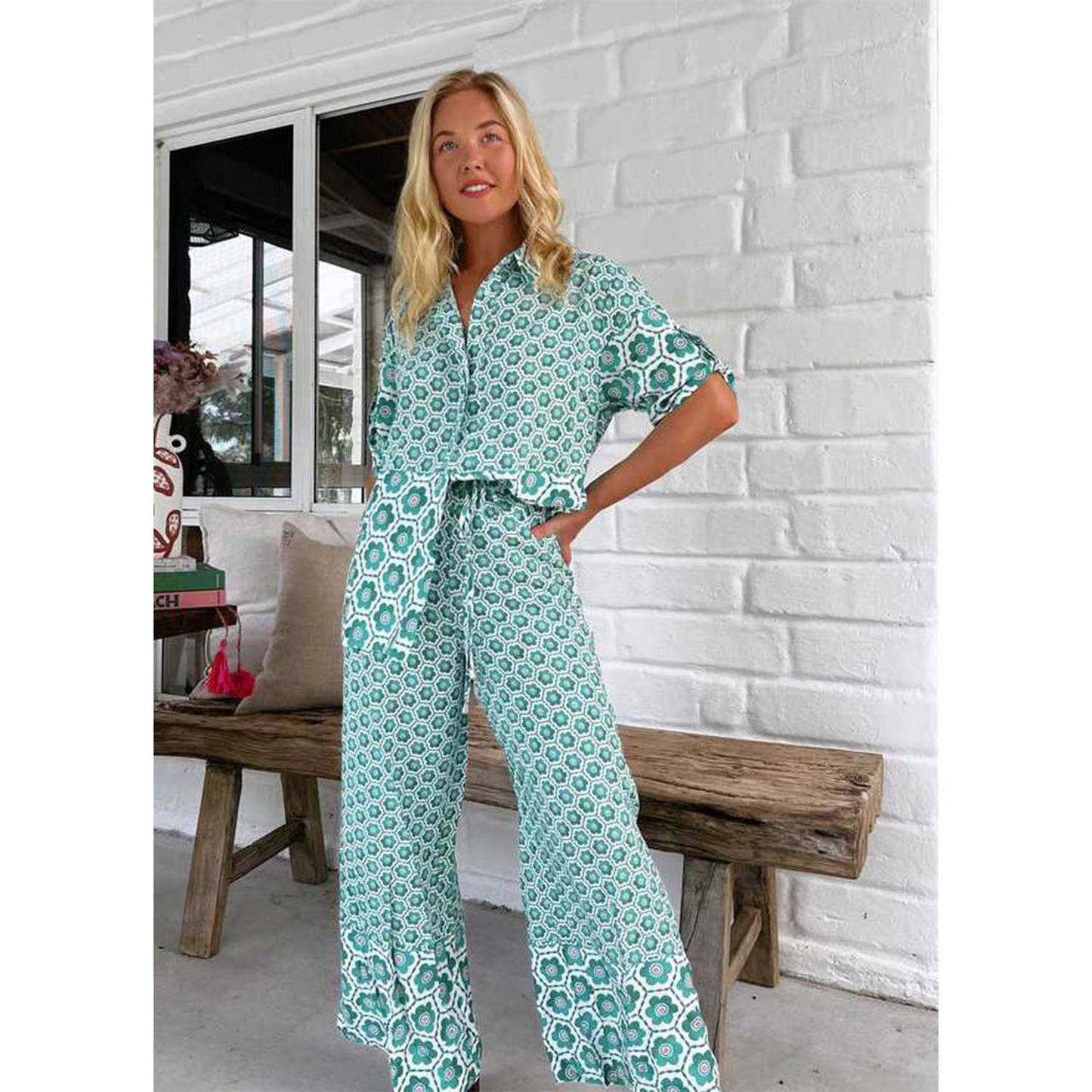 Women Printing Stitching Casual Shirt Two Piece Pant Set