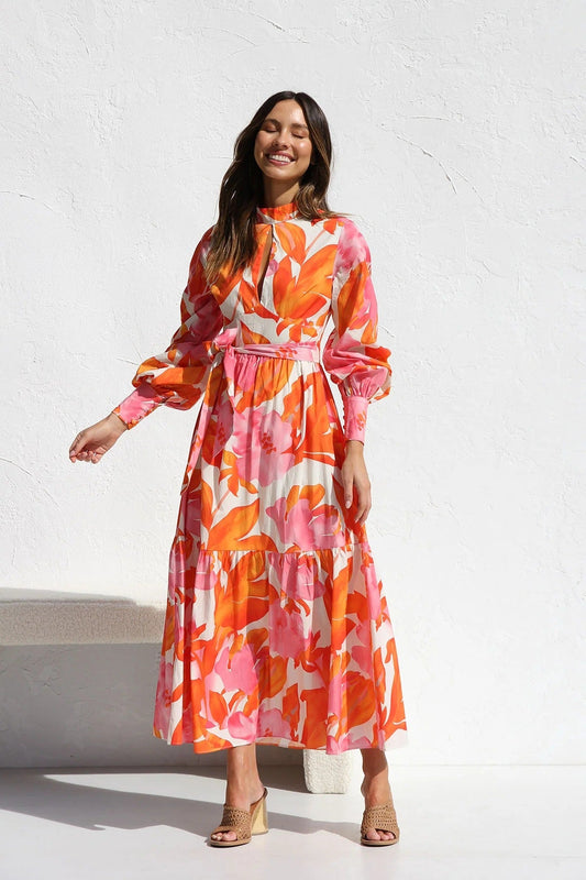 Years Bedrucktes, plissiertes Maxikleid mit übergroßer Swing-Taille und Laternenärmeln