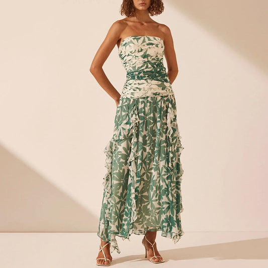 Künstlerisches Retro-bedrucktes Tube-Top-Kleid Würdiger Sinn für Design Plissiertes langes Netzkleid Damen