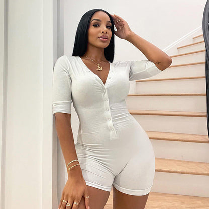 Street Casual Women Solid Color Basic Slim V neck Single Row Buckle Mid Sleeve Jumpsuit