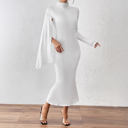 Women Dress Long Sleeve Backless Solid Color Cloak Sleeve Fishtail Slim Fit Jumpsuit