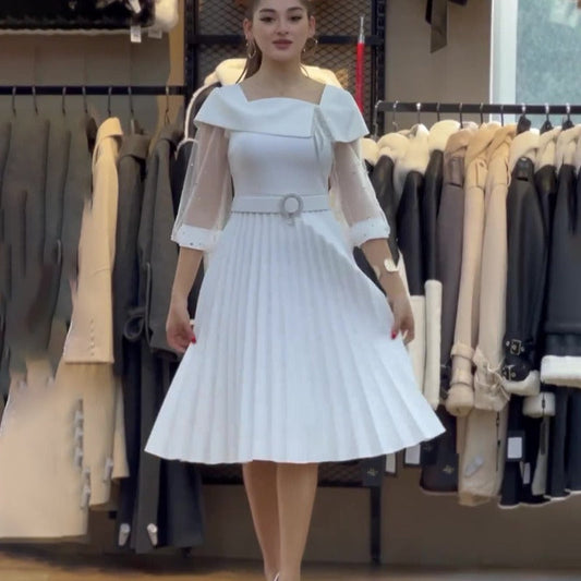 Herbstliches weißes Mesh-Langarm-Faltkleid mit Gürtel