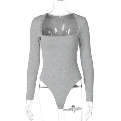 Women Clothing Winter Sexy Square Neck Lace Slim Fit Base Long Sleeve Jumpsuit