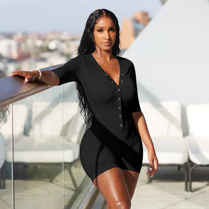 Street Casual Women Solid Color Basic Slim V neck Single Row Buckle Mid Sleeve Jumpsuit