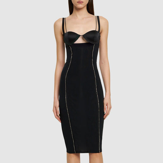 Frauen Modische Engen Stretch Sling Kleid Cocktail Kleid Winter Schwarz Innen
