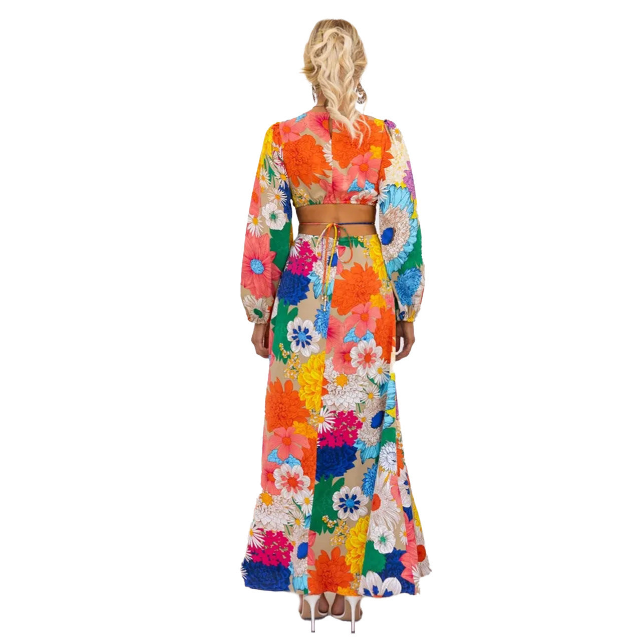 Jahre Herbst Winter Print Rundhals Laterne Ärmel Lange Taille Kleid-
