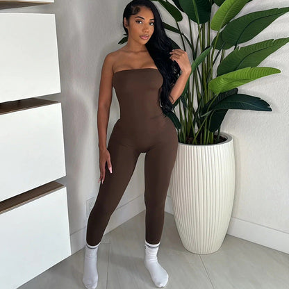 Autumn Winter Sexy Slim Fit Tube Top Backless Tight Fitting Solid Color Sports Trousers Jumpsuit