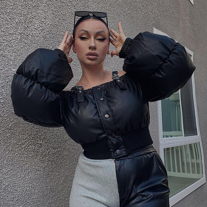Winter Sexy Street Sexy Adjustable Shoulder Strap off Neck Puff Sleeve Waist Trimming Short Cotton Padded Jacket