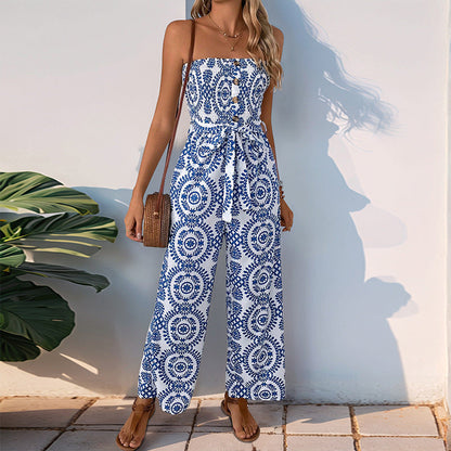 Woomen Summer Jumpsuit Elastic Waist Printed Sleeveless Jumpsuit