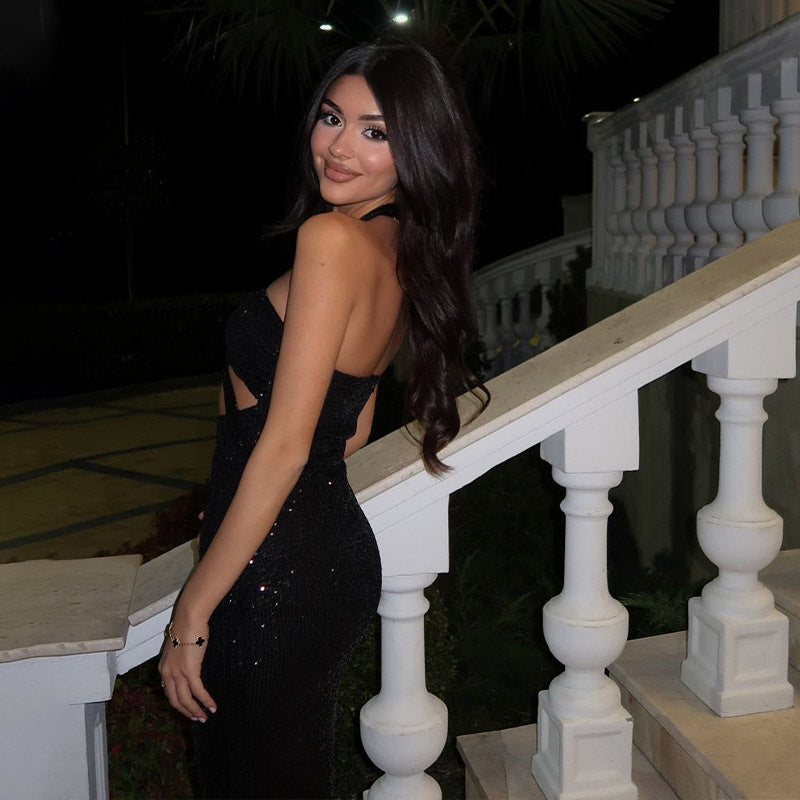 Women Sexy Tube Top Halter Cut out High Waist Sheath Dress Sequ Graceful Formal Dress