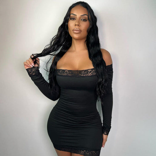 Women's Clothing Lace Stitching Solid Color Basic Skinny Sheath off-Neck Tube Top Long Sleeve Dress Dress