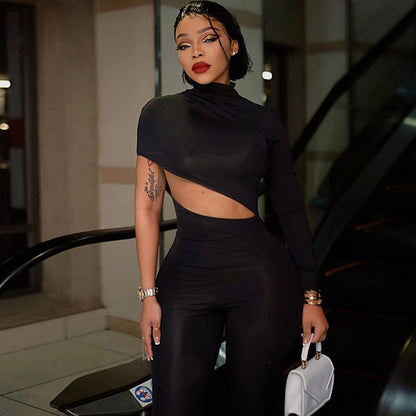 Women Clothing Autumn Sexy Personalized High Elastic Shoulder Long Sleeve Jumpsuit