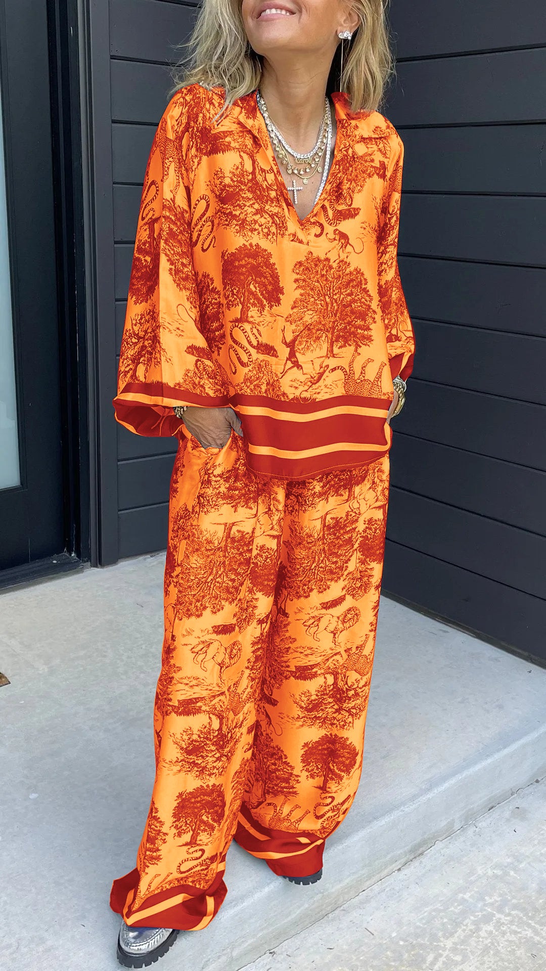 V-neck Printed Long-sleeved Casual Suit Orange