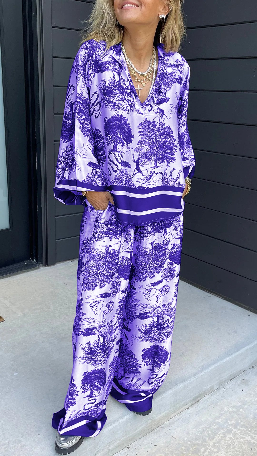 V-neck Printed Long-sleeved Casual Suit Purple