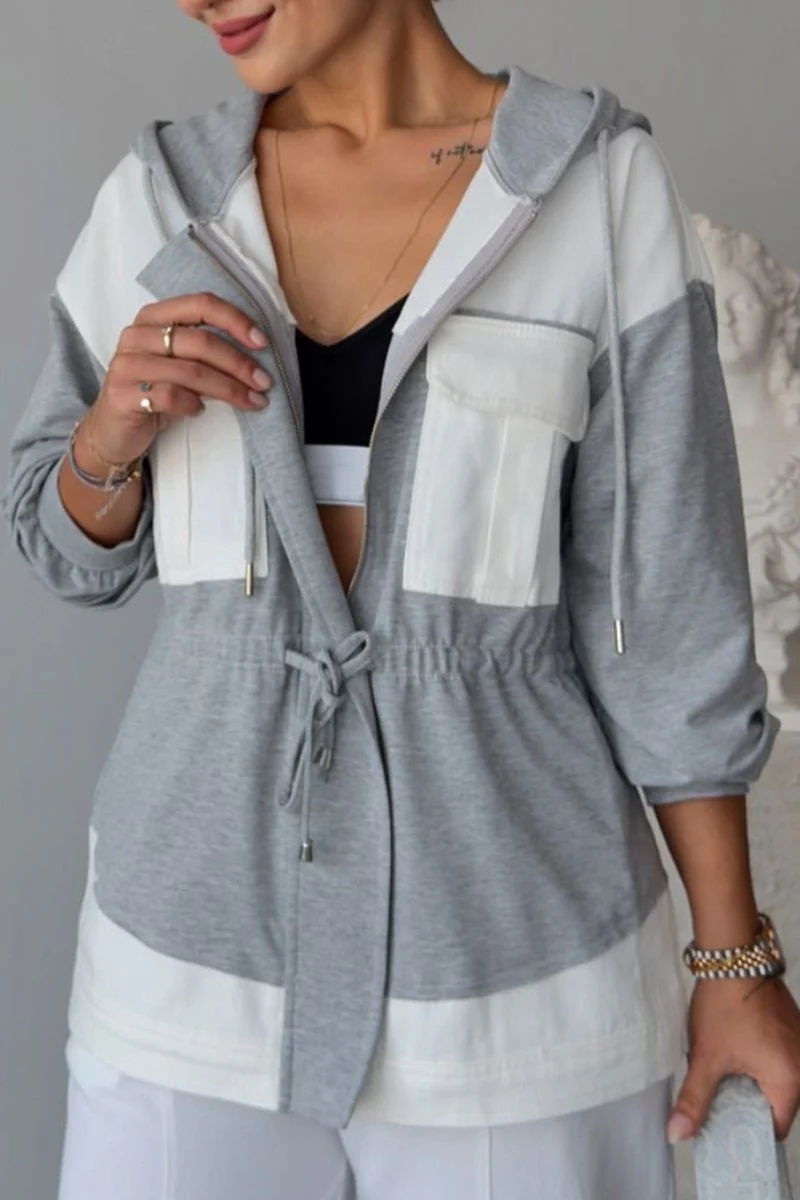 Women's Casual Patch Pocket Hooded Jacket Grey