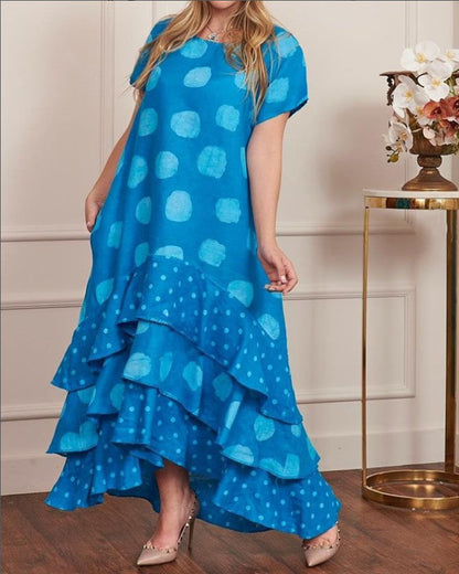 Robe longue à pois et manches courtes et col rond 