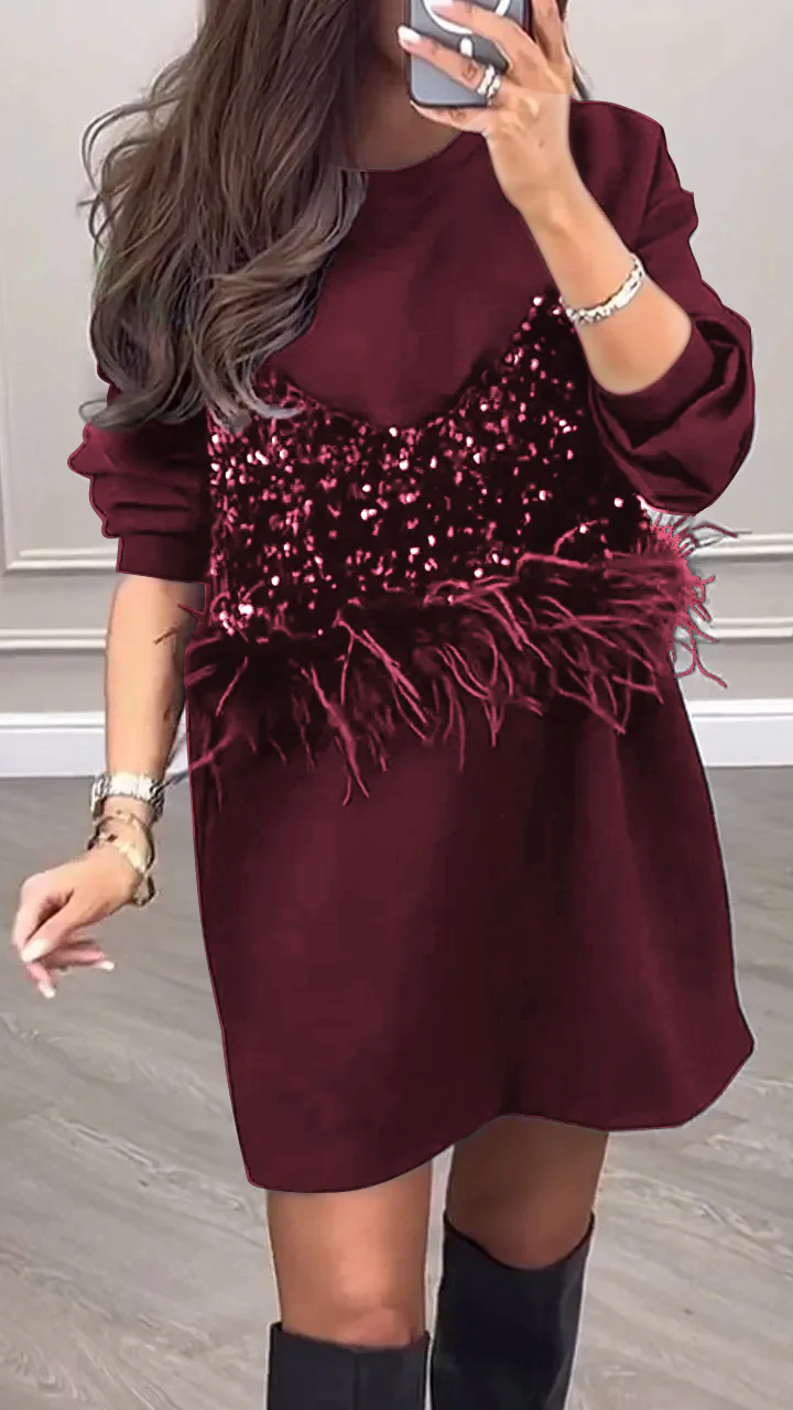 Women's Round Neck Long Sleeve Sequined Fur Stripe Fake Two Piece Party Dress wine red