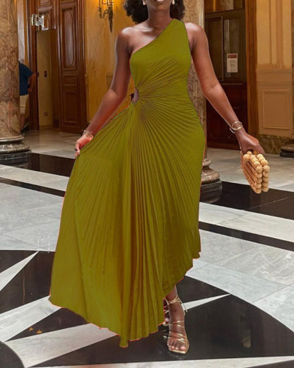 One-Shoulder Cutout Pleated Gown Dress