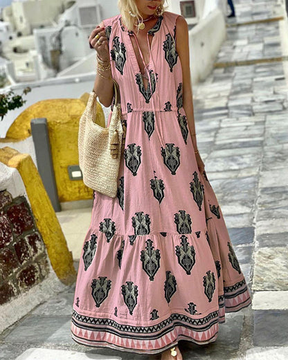 Elegant Sleeveless Mid Length Bohemian Print Dress