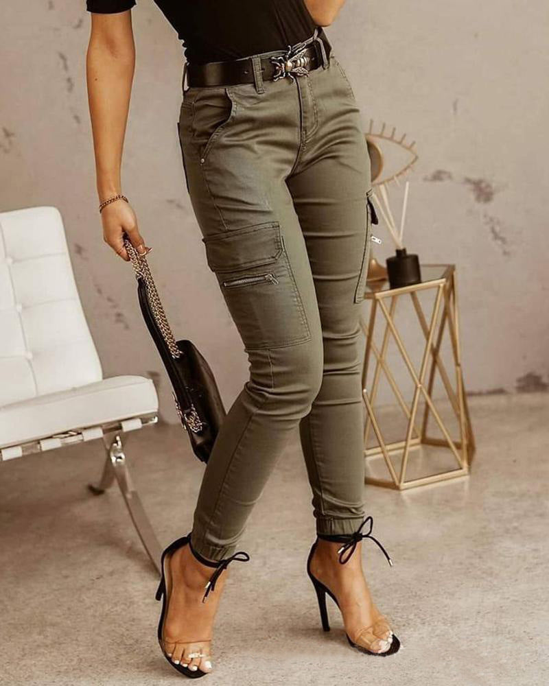 Low Waist Button Solid Color Ladies Cargo Pants