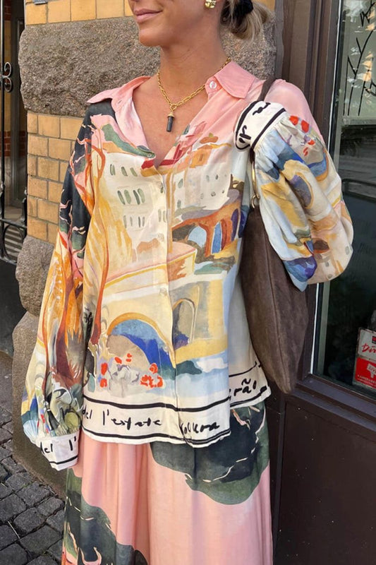 Ellison Unique Print Button Up Long Balloon Sleeve Loose Blouse