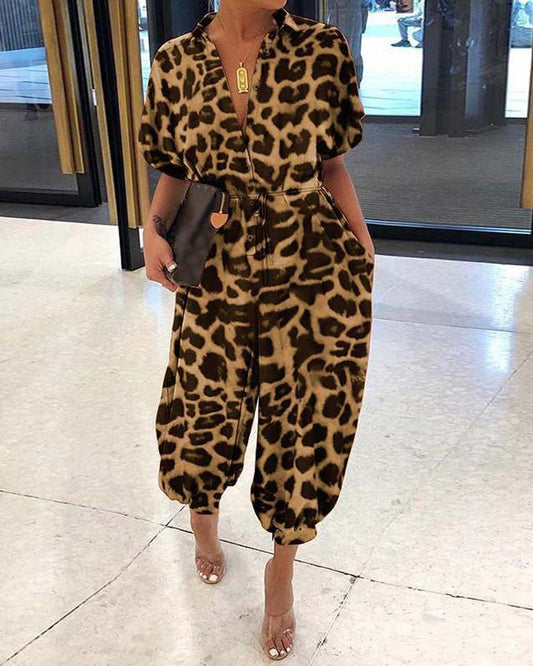 Leopard Print Retro Short Sleeve Jumpsuit