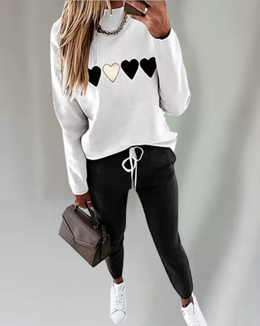 Round Neck Heart Print Top Pants Two-Piece Set