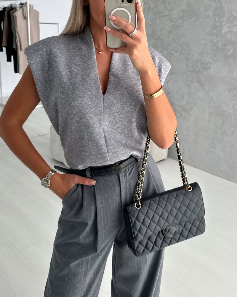 Solid Color V-neck Waistcoat Top & Casual Pants Two-piece Set