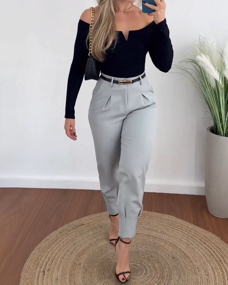 Long-sleeved Knitted Top and Pants Two-piece Set Without Belt