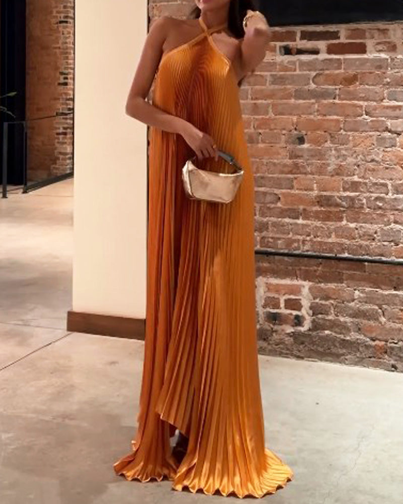 Sleeveless Off-shoulder Pleated Solid Color Dress