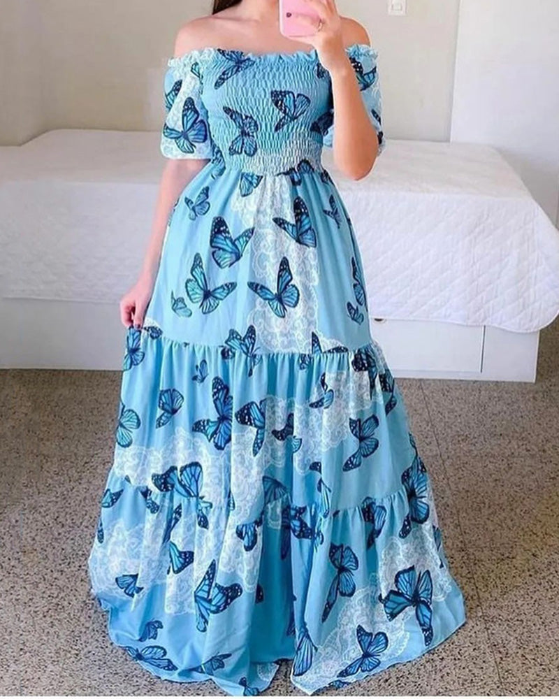 Robe asymétrique à imprimé floral et épaules dénudées 