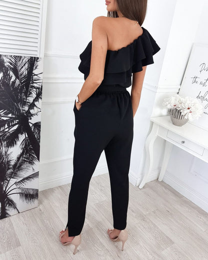 ruffled slant-shoulder slim-fit jumpsuit