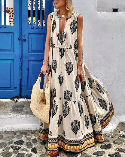 Elegant Sleeveless Mid Length Bohemian Print Dress