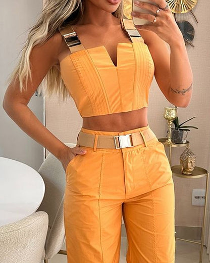 Sleeveless solid color casual two-piece suit