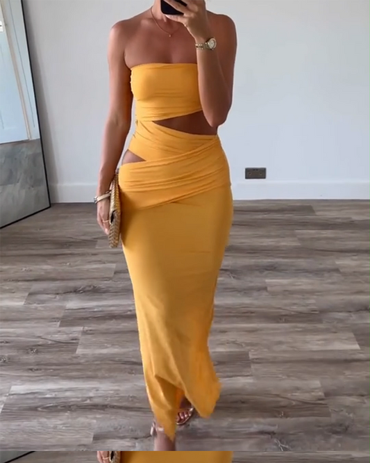 Strapless Hollow Solid Color Slit Dress