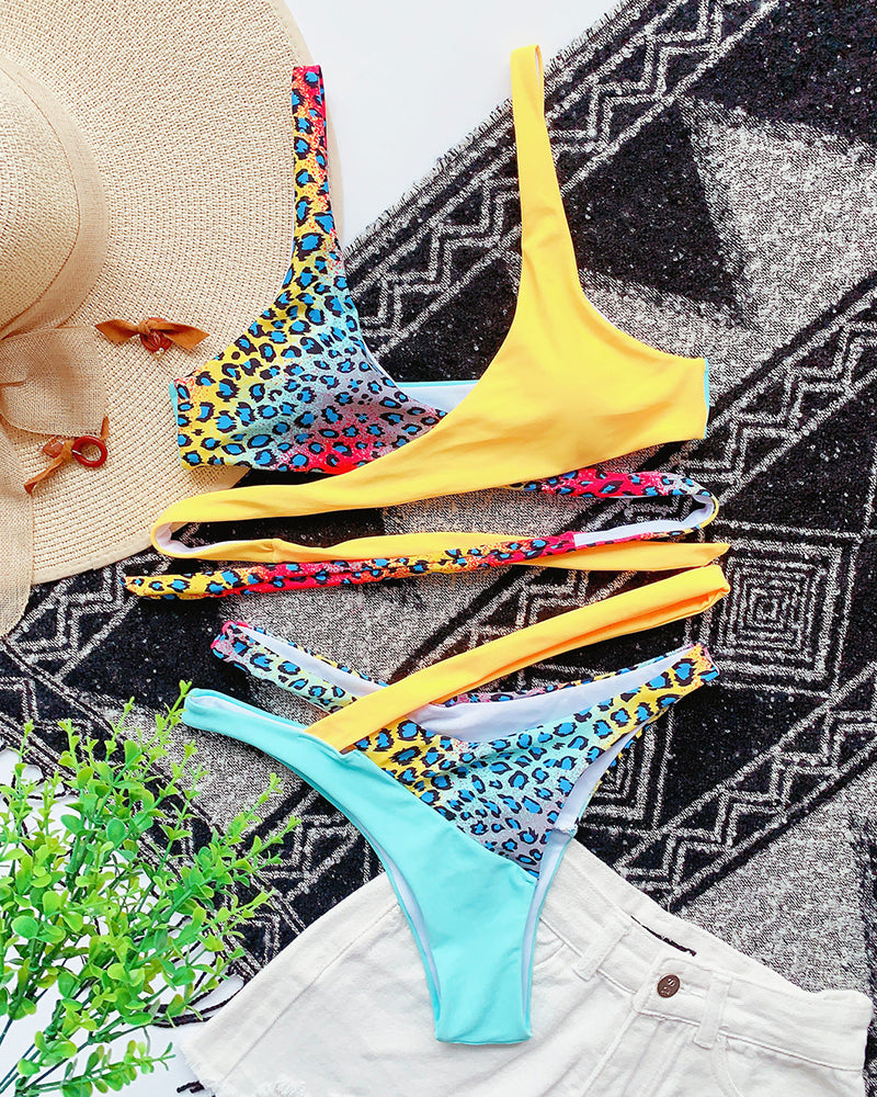 Color-block Lace-up Swimsuit Bikini