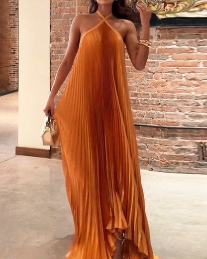 Sleeveless Off-shoulder Pleated Solid Color Dress