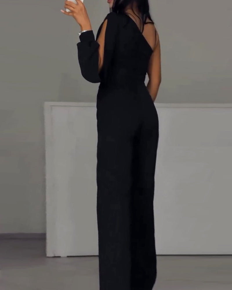 One-shoulder solid color jumpsuit