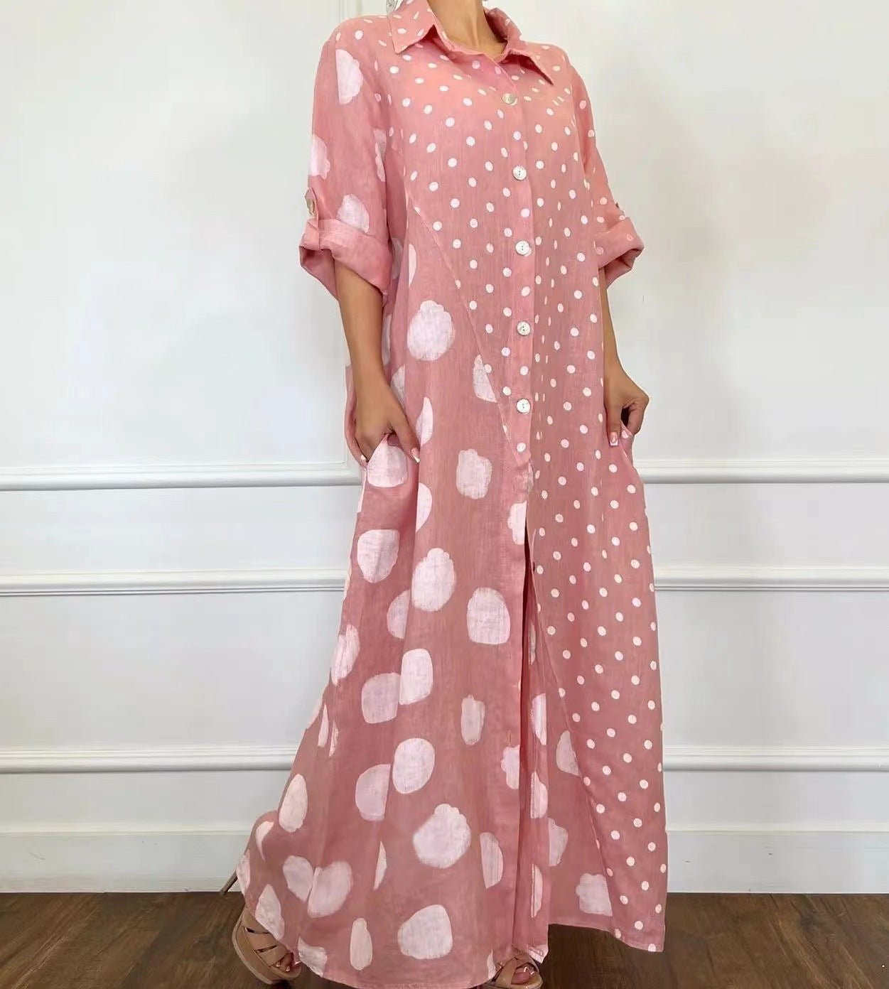 Robe chemise à imprimé pois et jupe évasée 