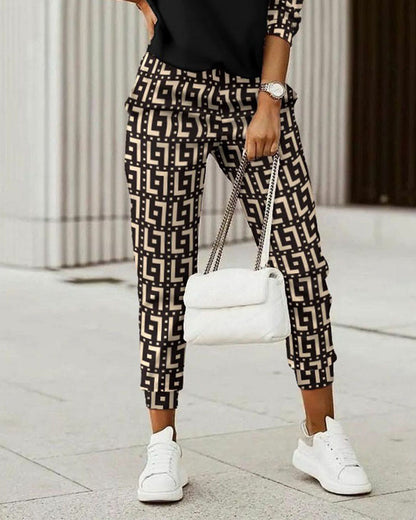 Plaid Print V-Neck Top Pants Two-Piece Set