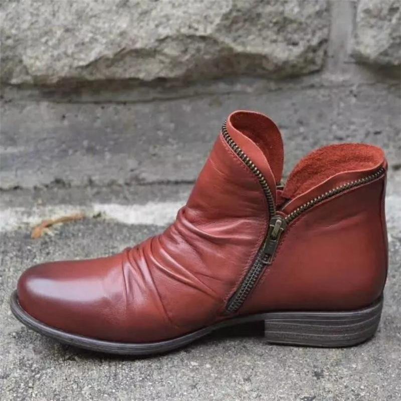 Women's Vintage Zip Ankle Boots Red