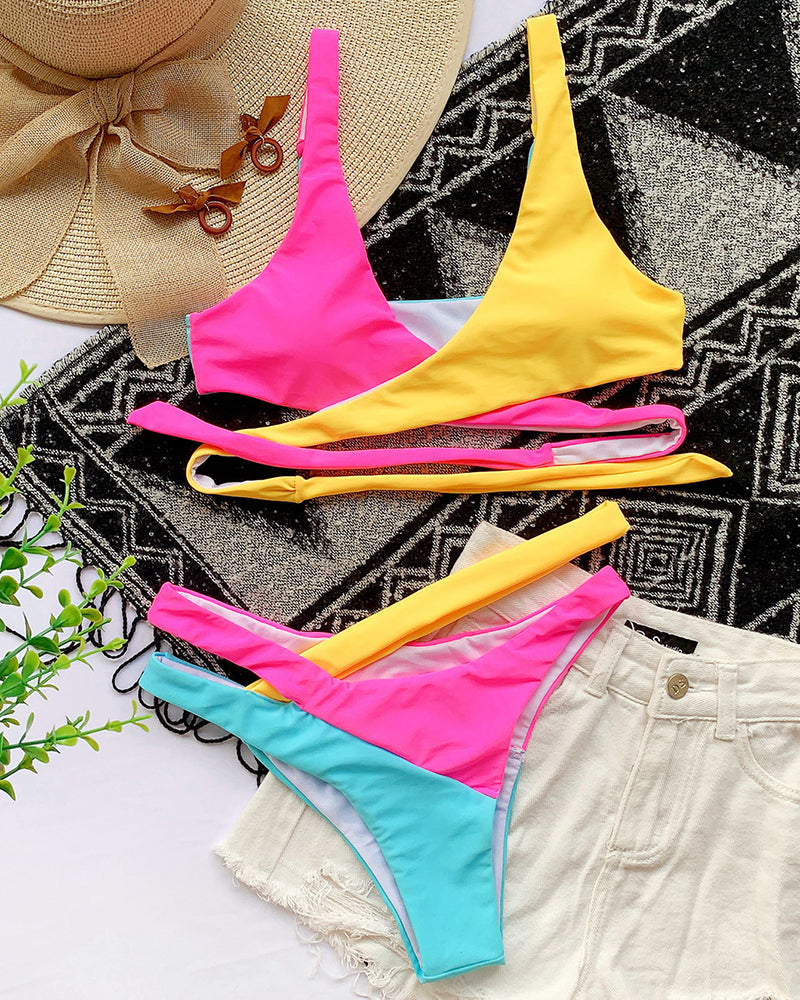 Color-block Lace-up Swimsuit Bikini