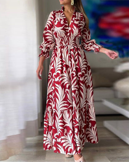 Taillenpullover mit Boho-Print, langärmeliges Swing-Kleid 