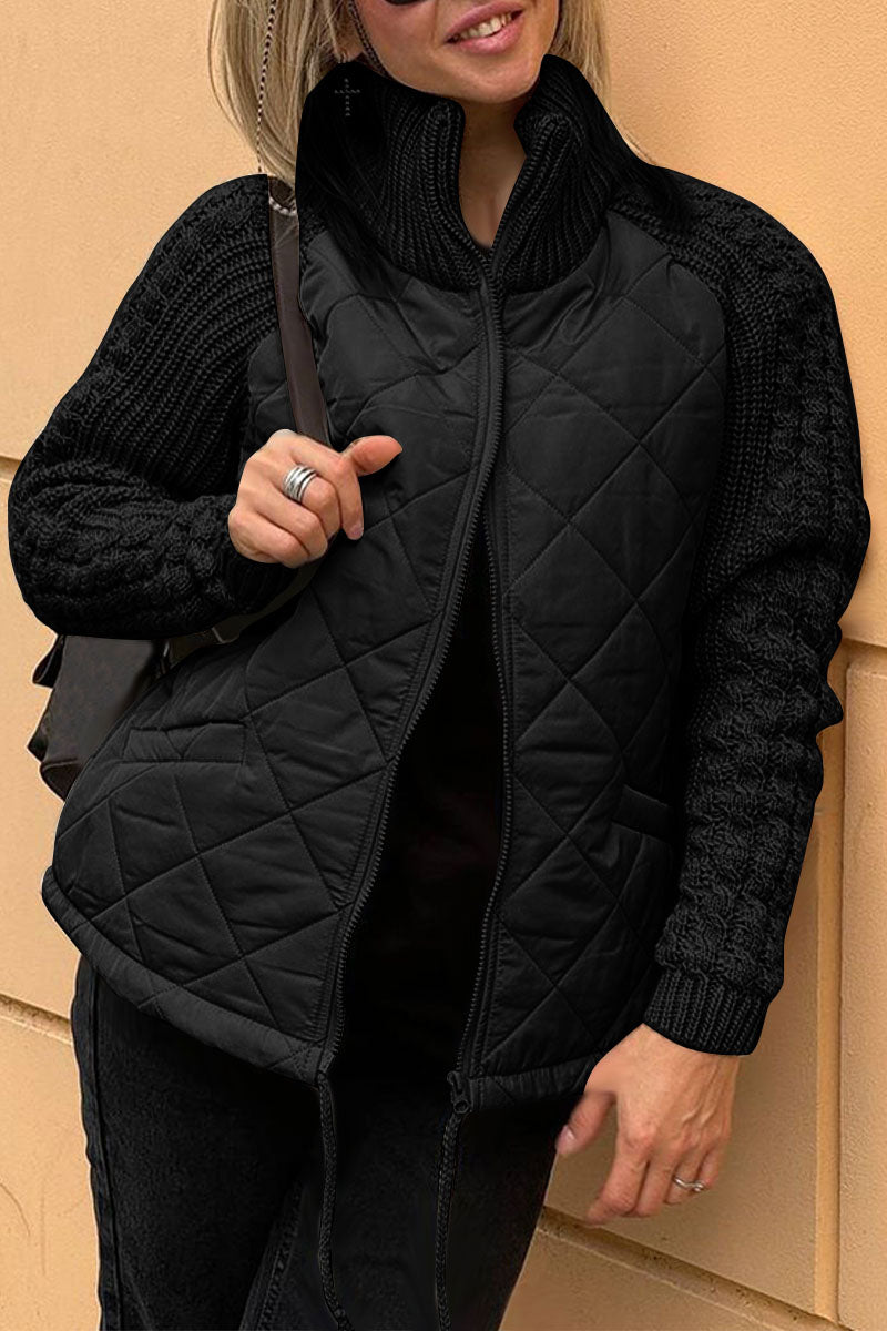 Women's Casual Solid Color Knitted Patchwork Zipped Jacket black