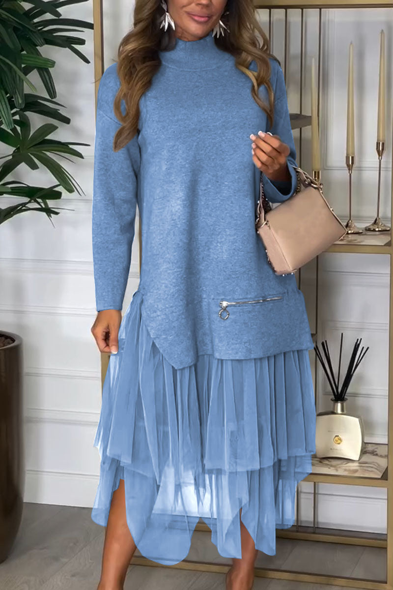 Women's Casual Solid Color Mesh Patchwork Dress blue