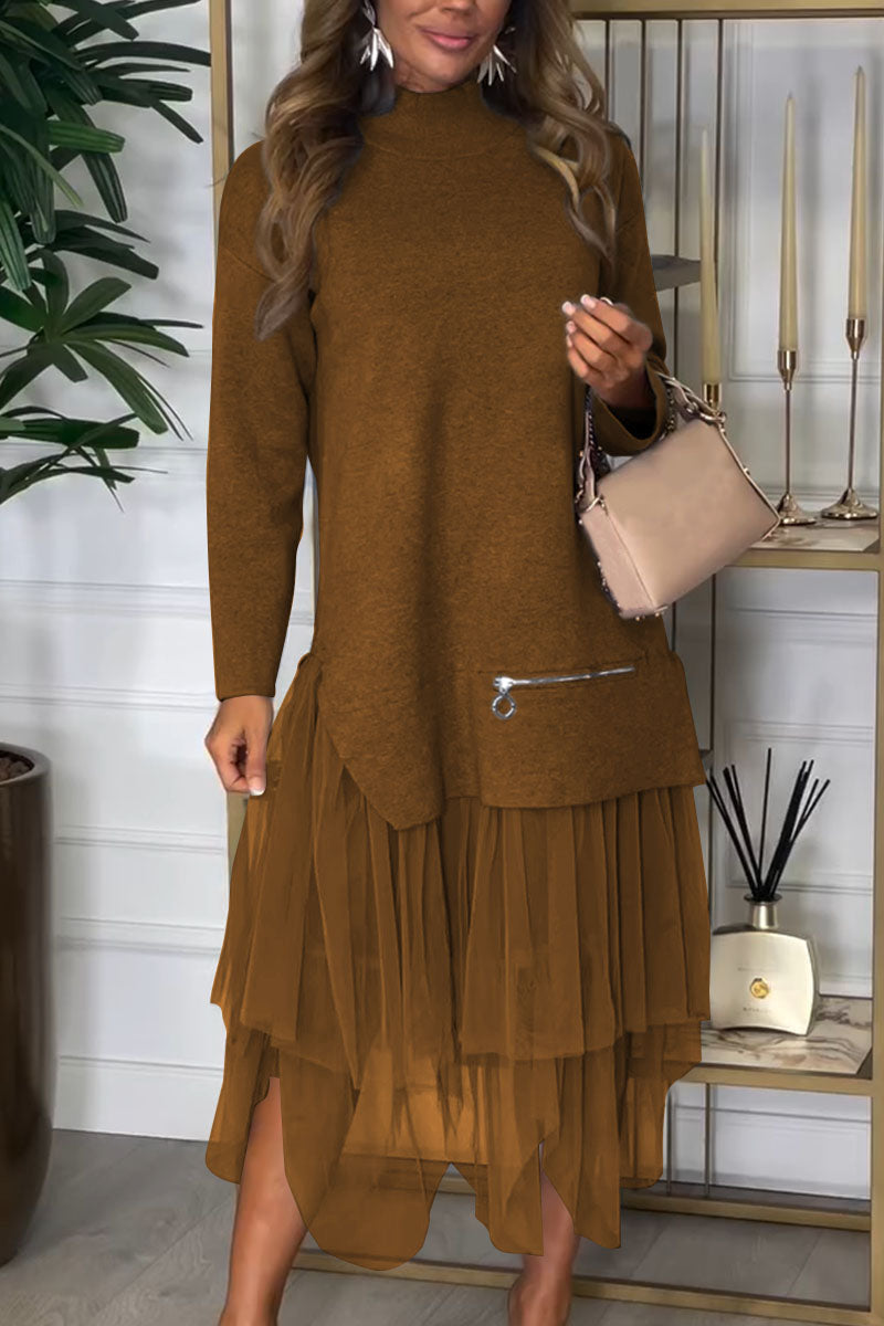 Women's Casual Solid Color Mesh Patchwork Dress brown