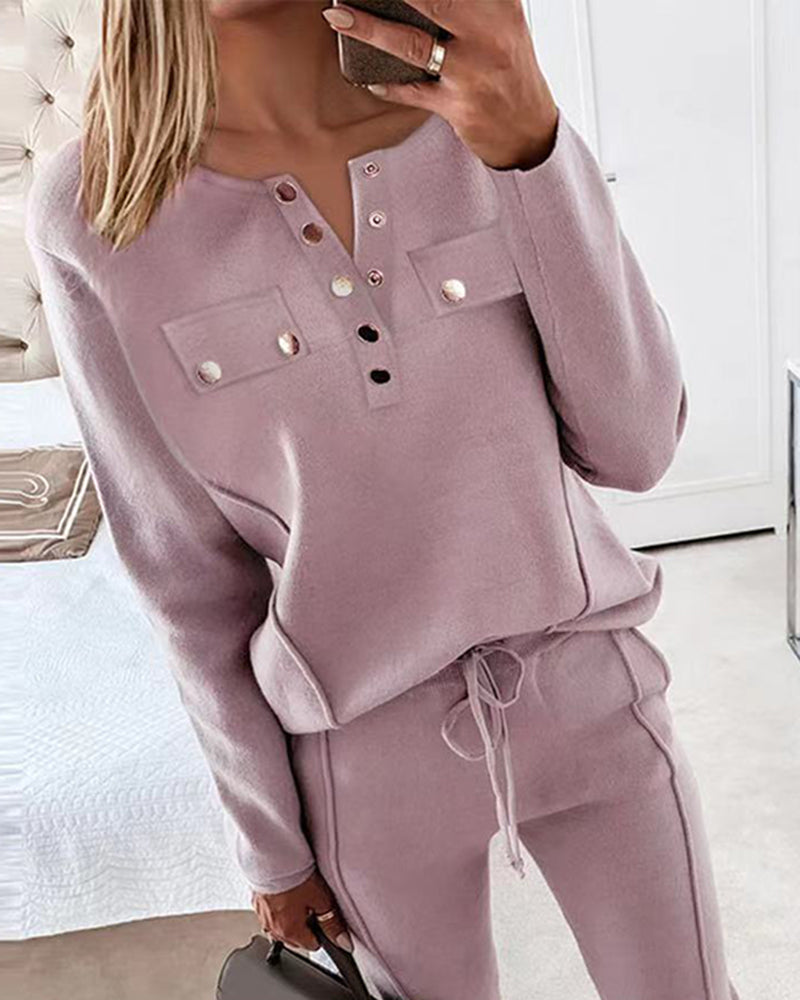 Round Neck Button Trim Casual Two-Piece Suit